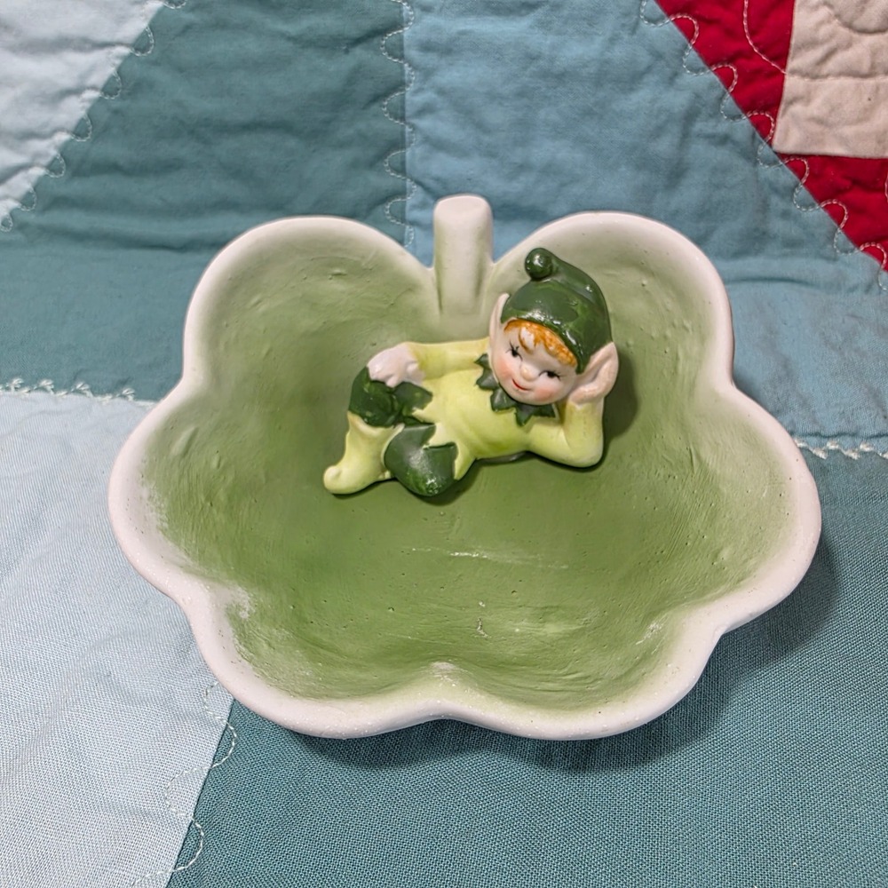Ceramic Pixie Elf Wall Hanging Dish Green White Matte Vintage Style Gallery Luck